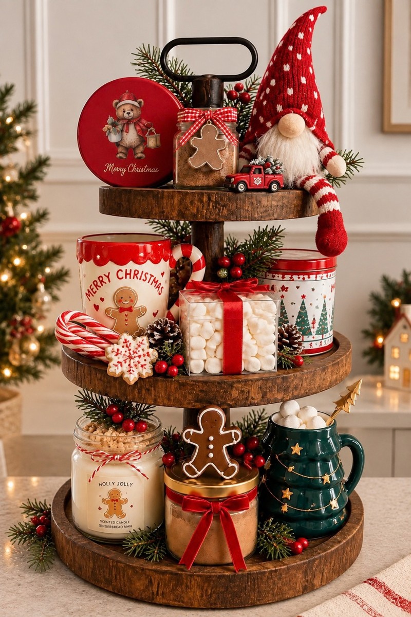 Estaciones de Navidad de Vainilla: presentación de tres niveles con mugs, masmelos y detalles navideños