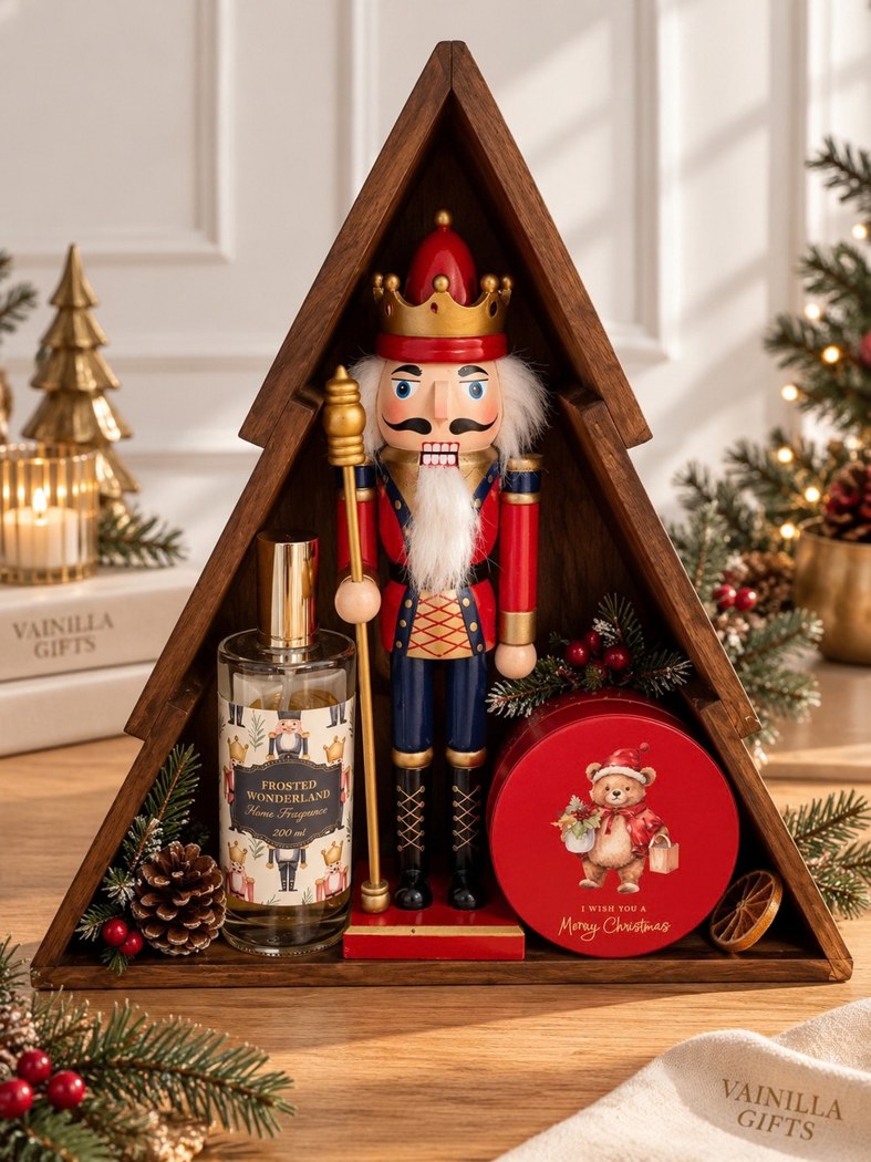 Cascanueces de Vainilla en caja de madera con forma de árbol, fragancia y detalles navideños